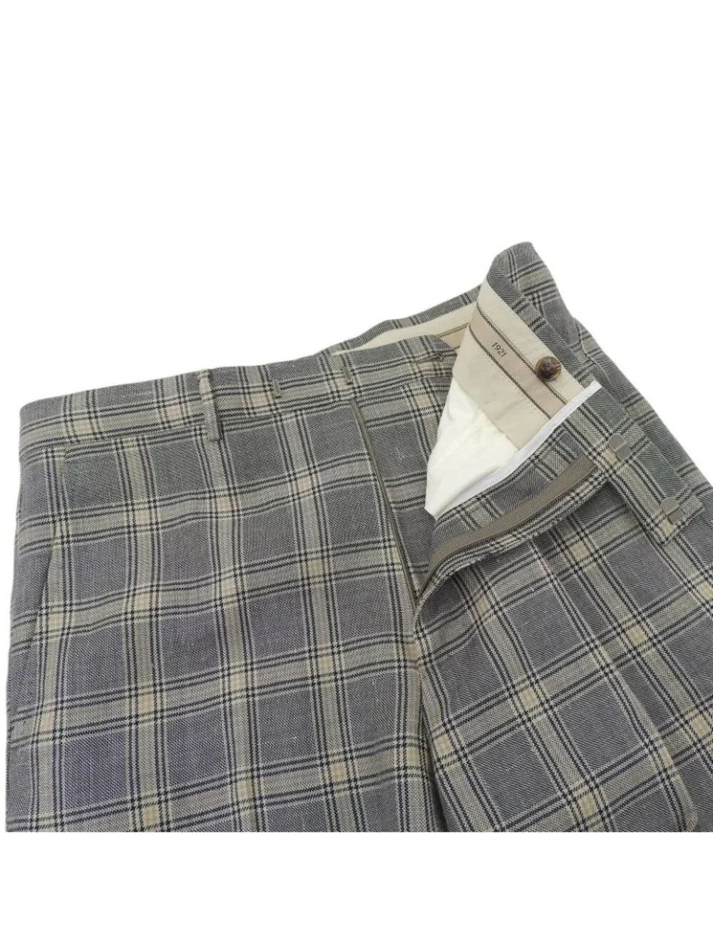 Gucci Linen Wool Logo Check Pattern Pants Trousers Navy Beige 46